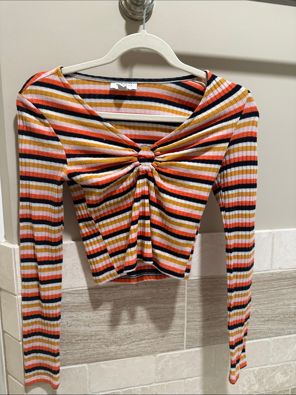 Topshop Striped Twist-Front Long Sleeve Crop Top in Orange, Black & Cream